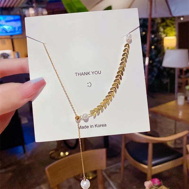 leaf, pearl tassel, stainless steel necklace