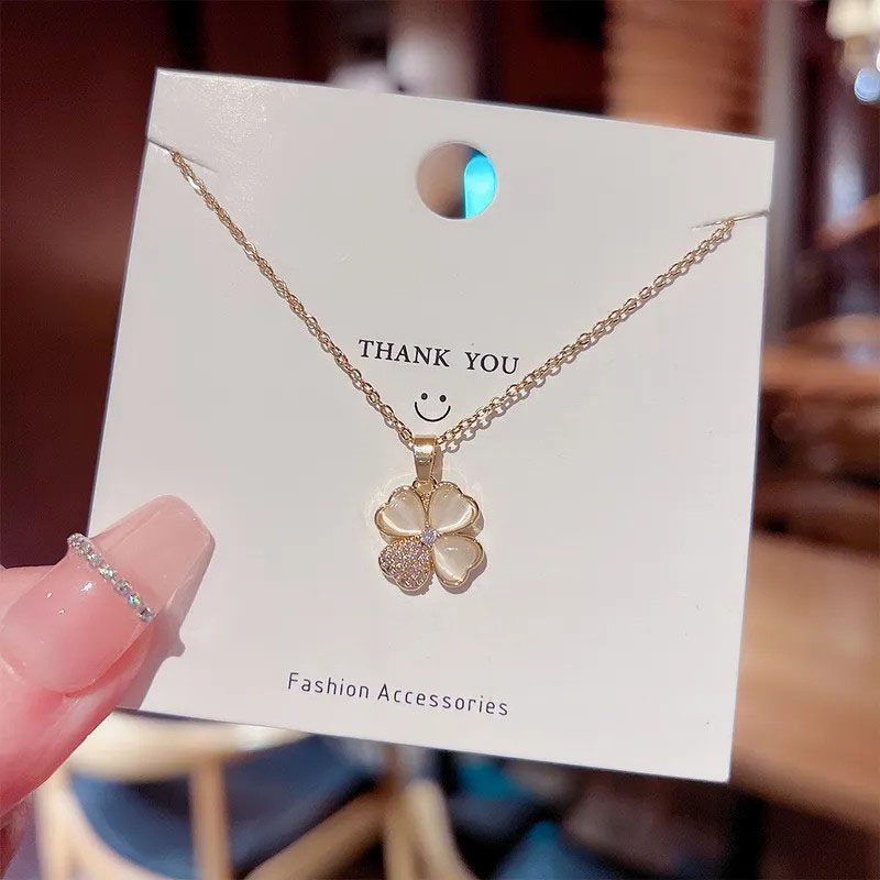 four-leaf clover, zircon pendent, stainless steel necklace