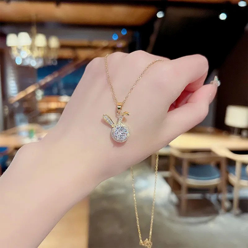 zircon rabbit, stainless steel necklace