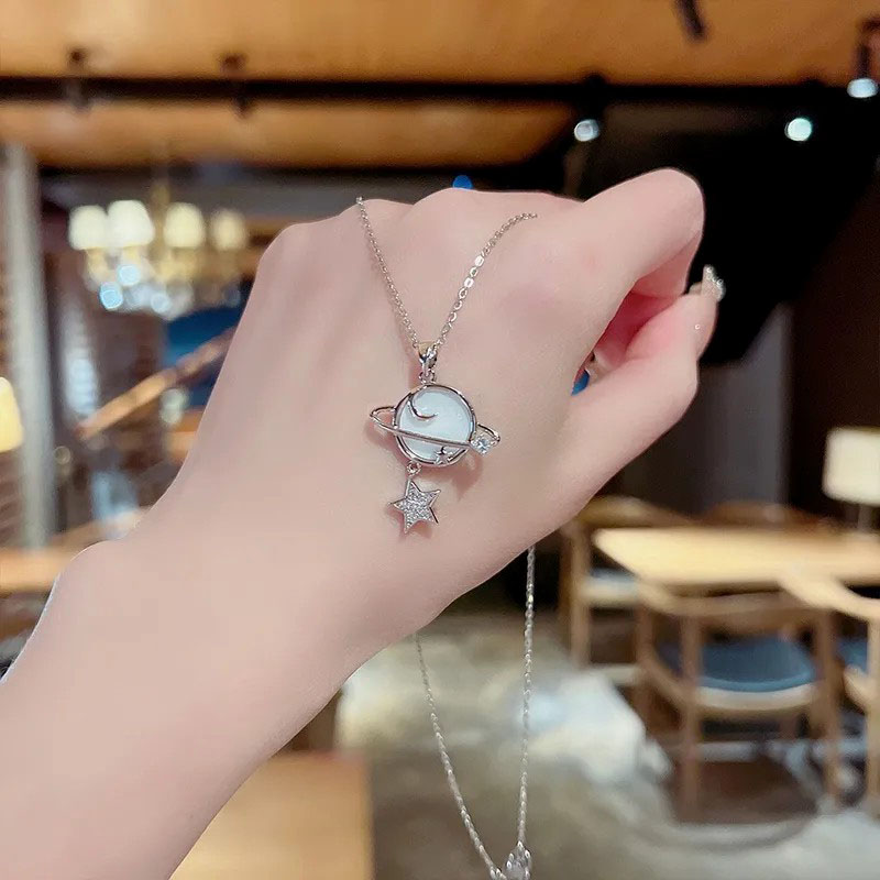 planet, star, zircon inlaid, stainless steel necklace
