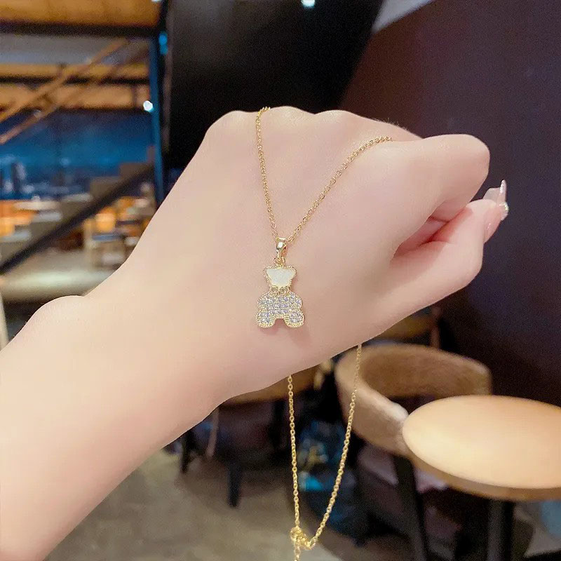 zircon bear, stainless steel necklace