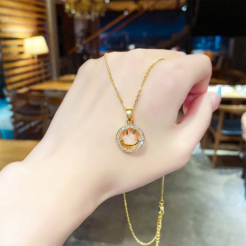 round smiley, zircon inlaid, stainless steel necklace