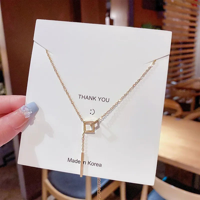 hollow out square, tassel, stainless steel necklace