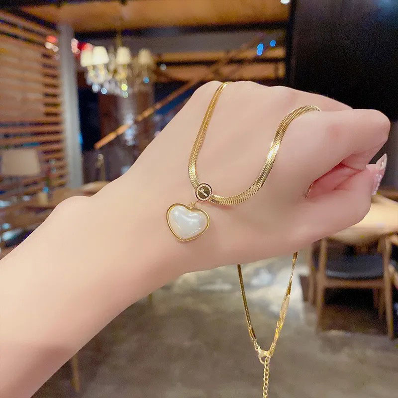 heart, pearl inlaid, stainless steel necklace