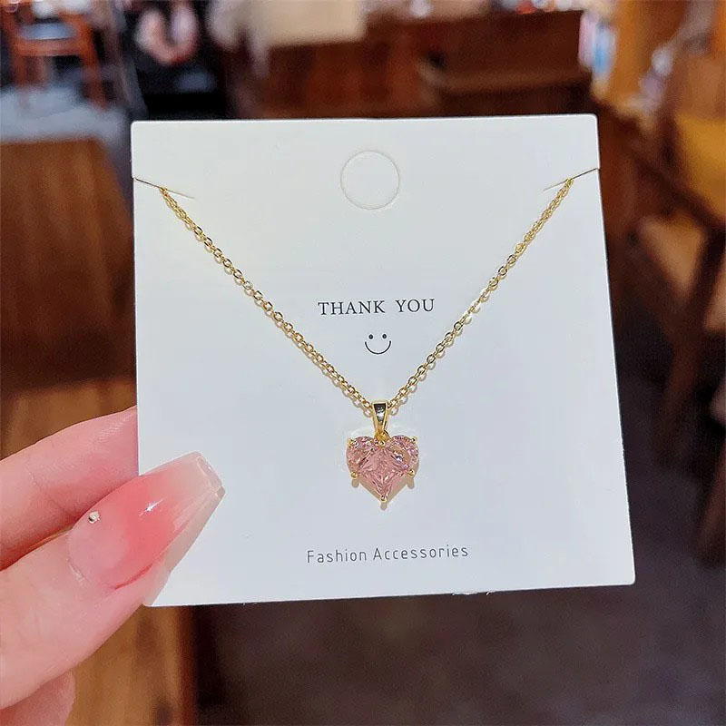 pink zircon, heart, stainless steel necklace