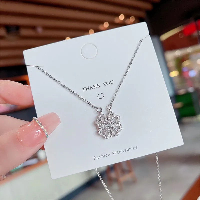 four-leaf clover, zircon inlaid, stainless steel necklace
