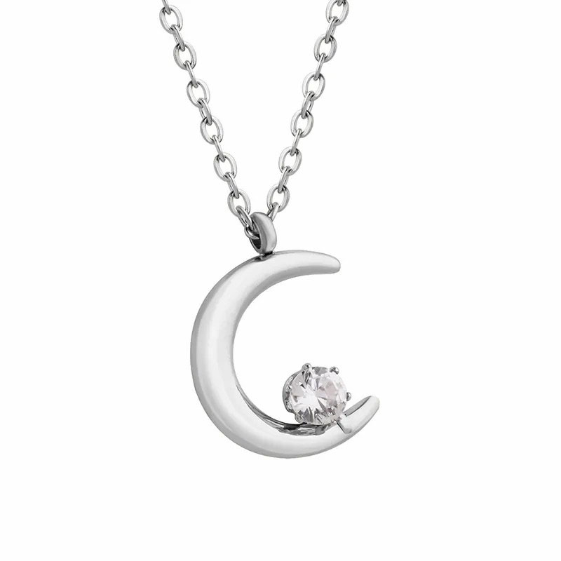 zircon moon pendent, steel necklace