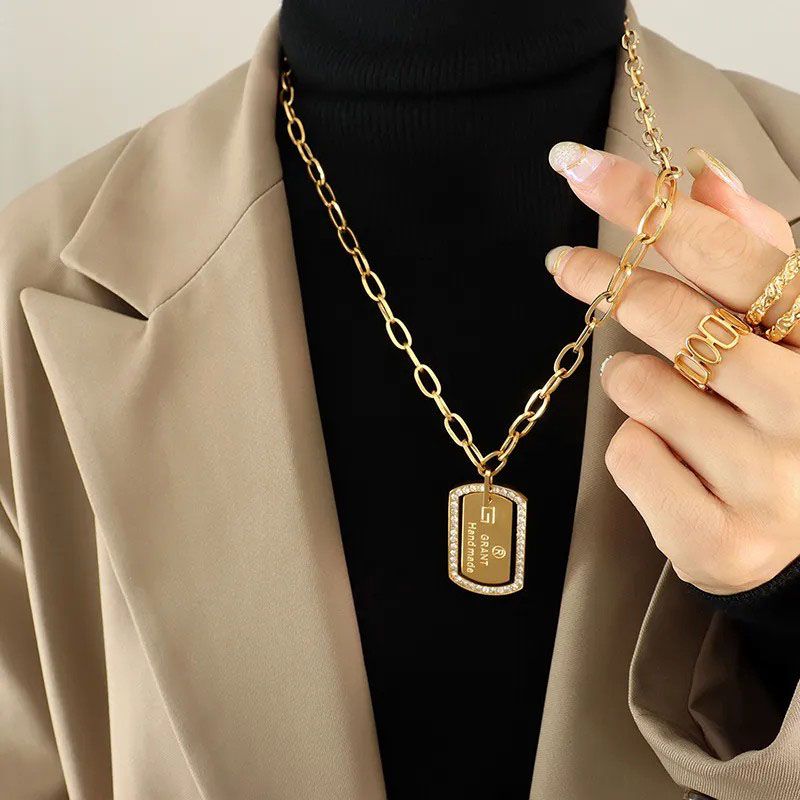 letter square pendent, stainless steel necklace