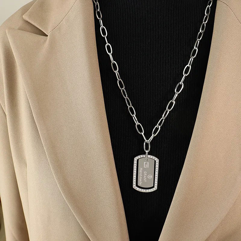 zircon square, steel color necklace