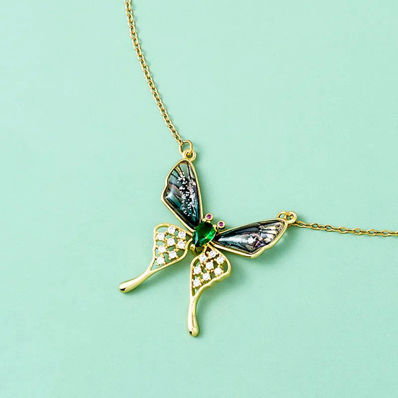 zircon butterfly, stainless steel necklace