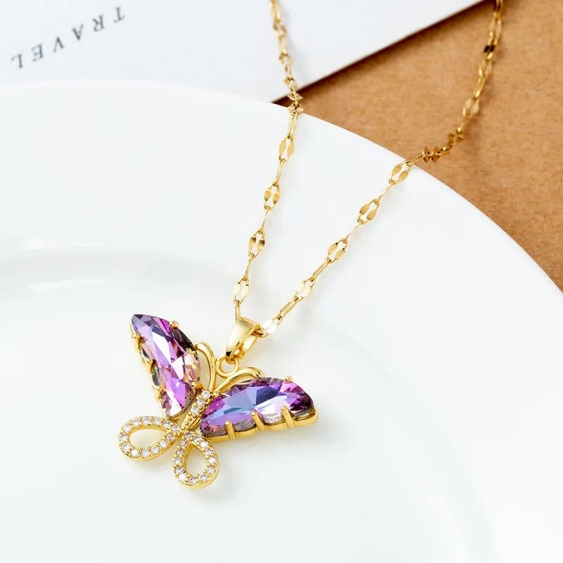 purple zircon inlaid, butterfly pendent necklace