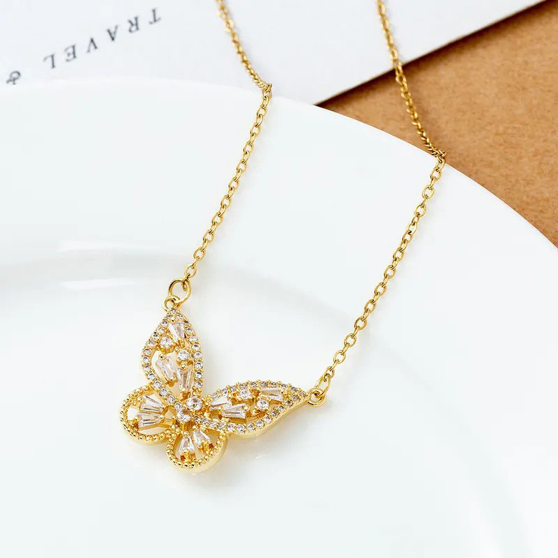 zircon inlaid, butterfly, titanium steel necklace
