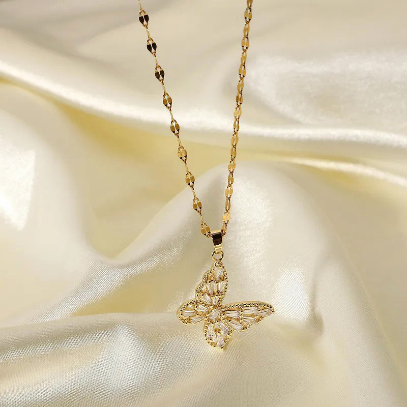 zircon inlaid, butterfly, stainless steel necklace
