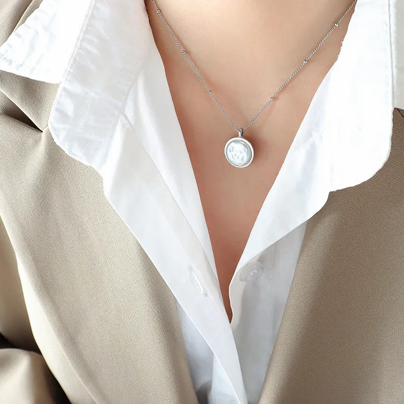 pearl round pendent, steel necklace