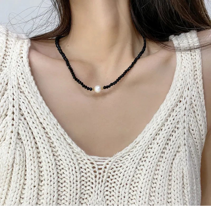 black beads choker, stainless steel necklace