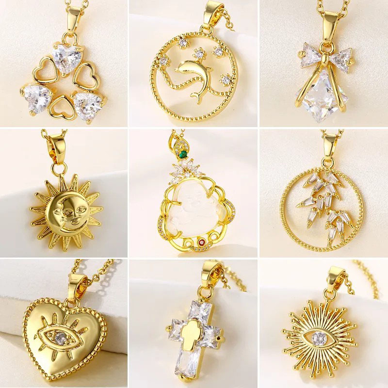 Sun, Heart Shape, 18K Gold Plated, Zircon Pendant Necklace 