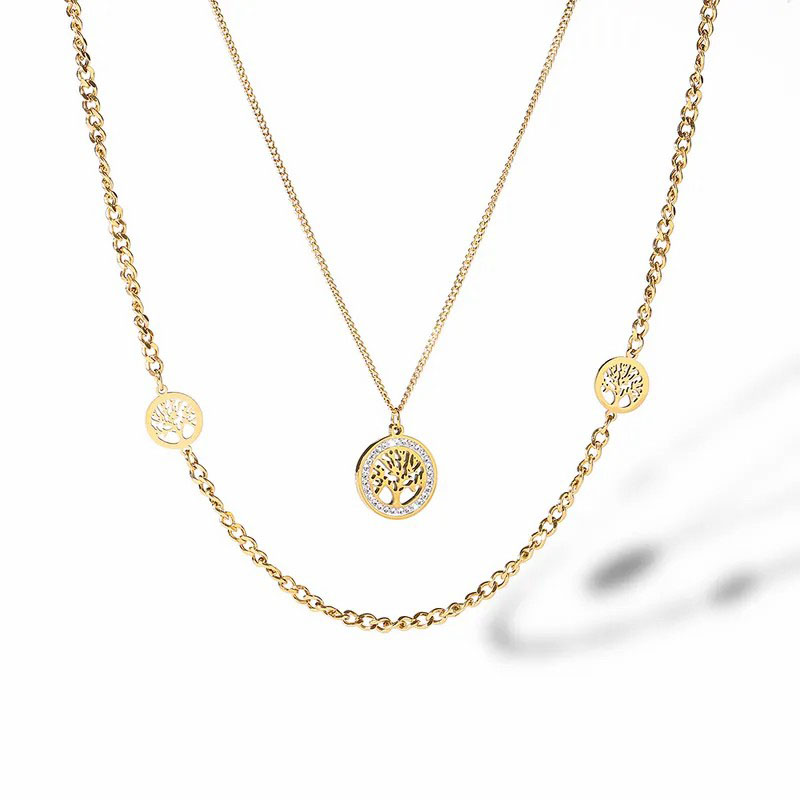 layered necklace, zircon inlaid, tree of life, stainless steel necklace