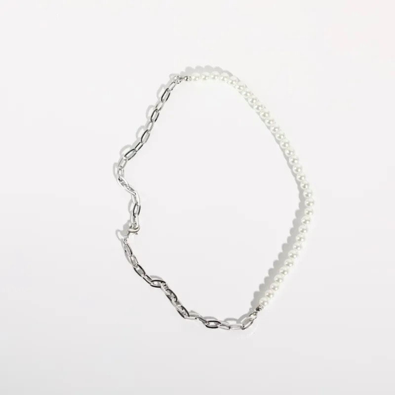 pearl, patchwork chian, stainless steel necklace