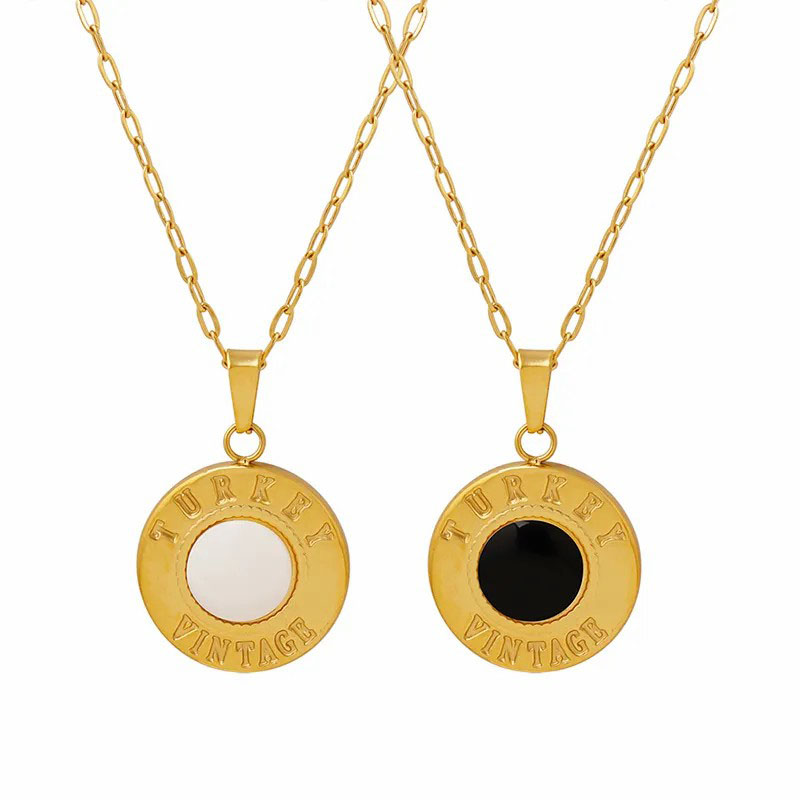 gold plated opal shell round, titanium steel necklace