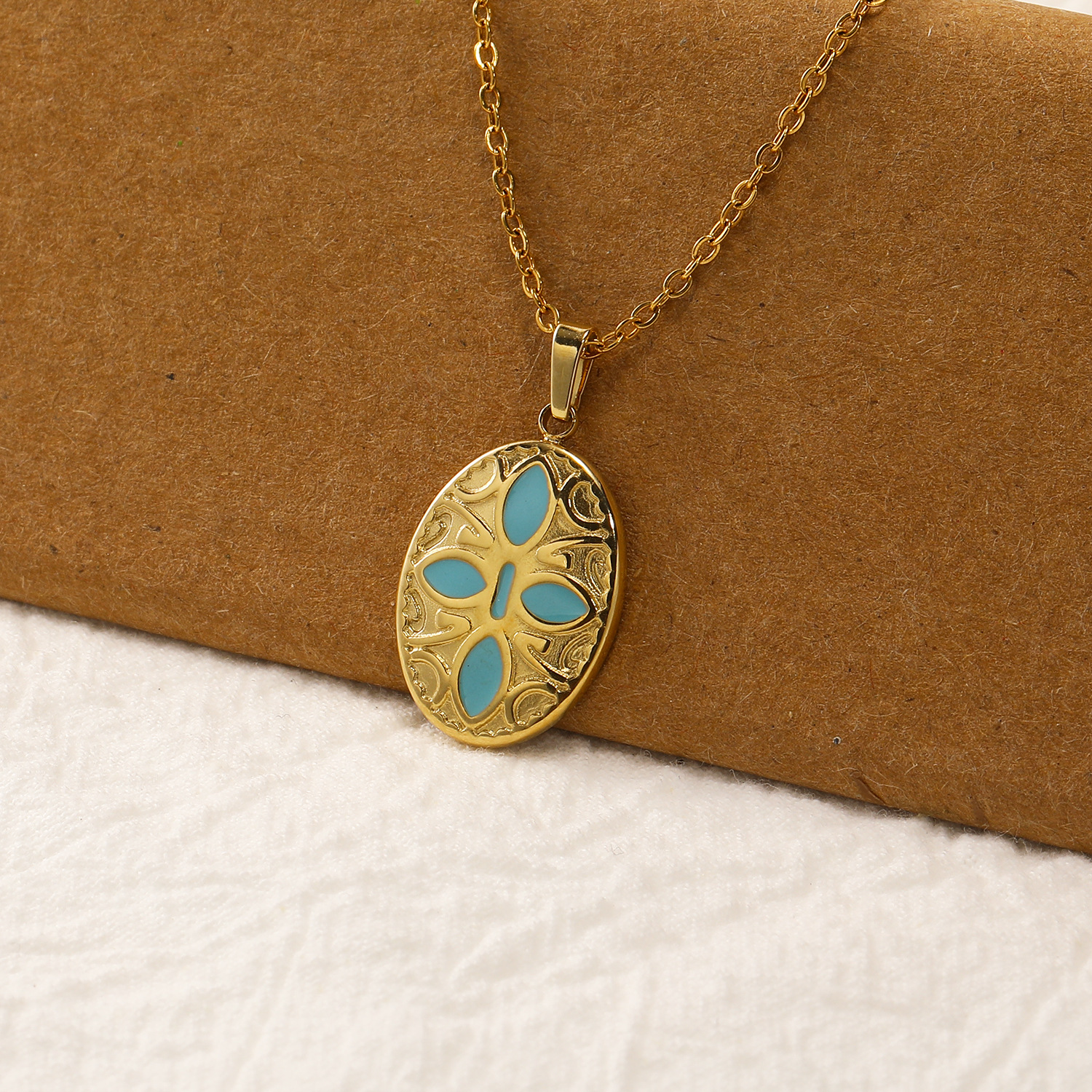 Enamel Oval Pendant 18k Gold Titanium Steel Necklace