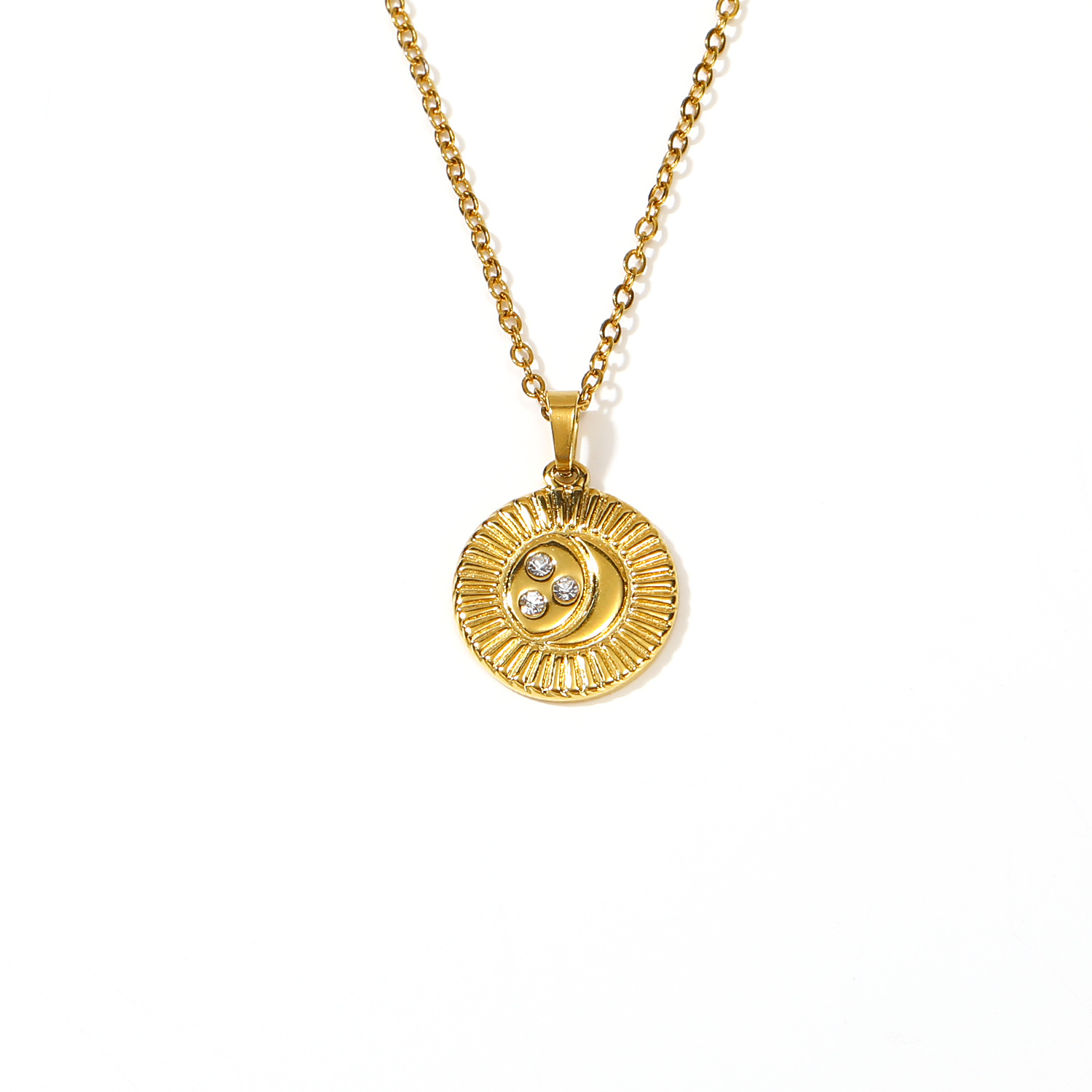 Zircon Inlaid, Round Pendant, 18k Gold, Titanium Steel Necklace