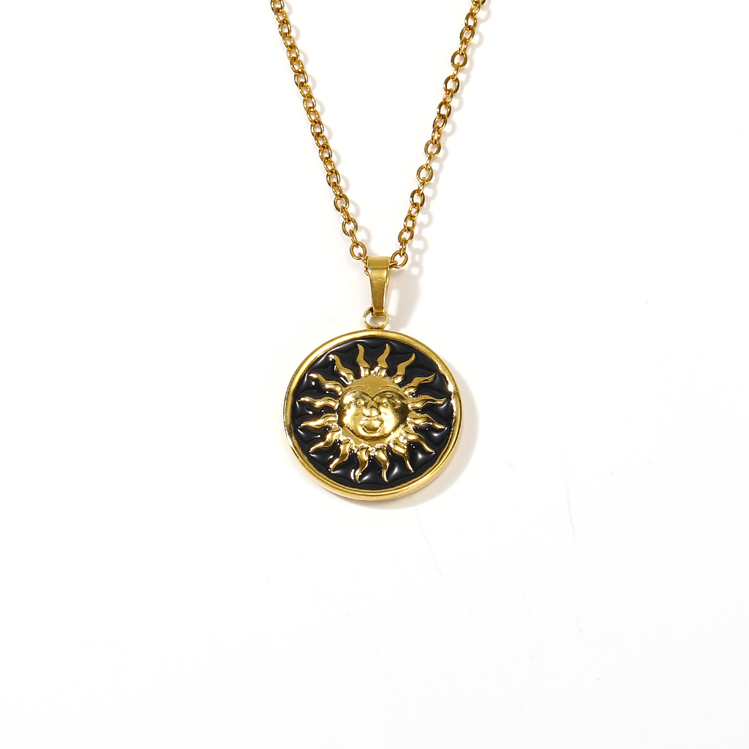 Enamel Round With Sun, Pendant Titanium Steel Necklace