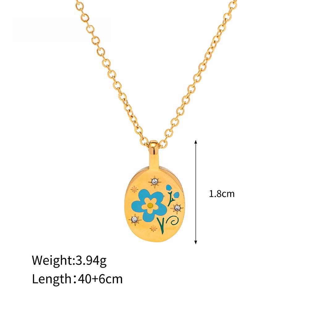 oval with flower, zircon inlaid, stainless steel necklace