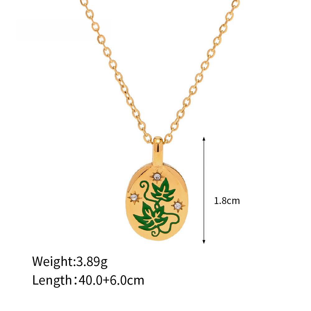 zircon oval, enamel leaf, stainless steel necklace