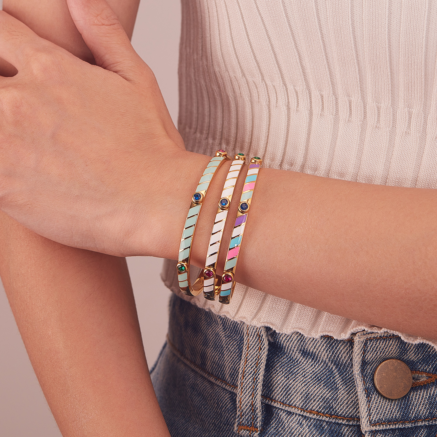 Zircon Inlaid, Candy Color Stripe Enamel Bangle