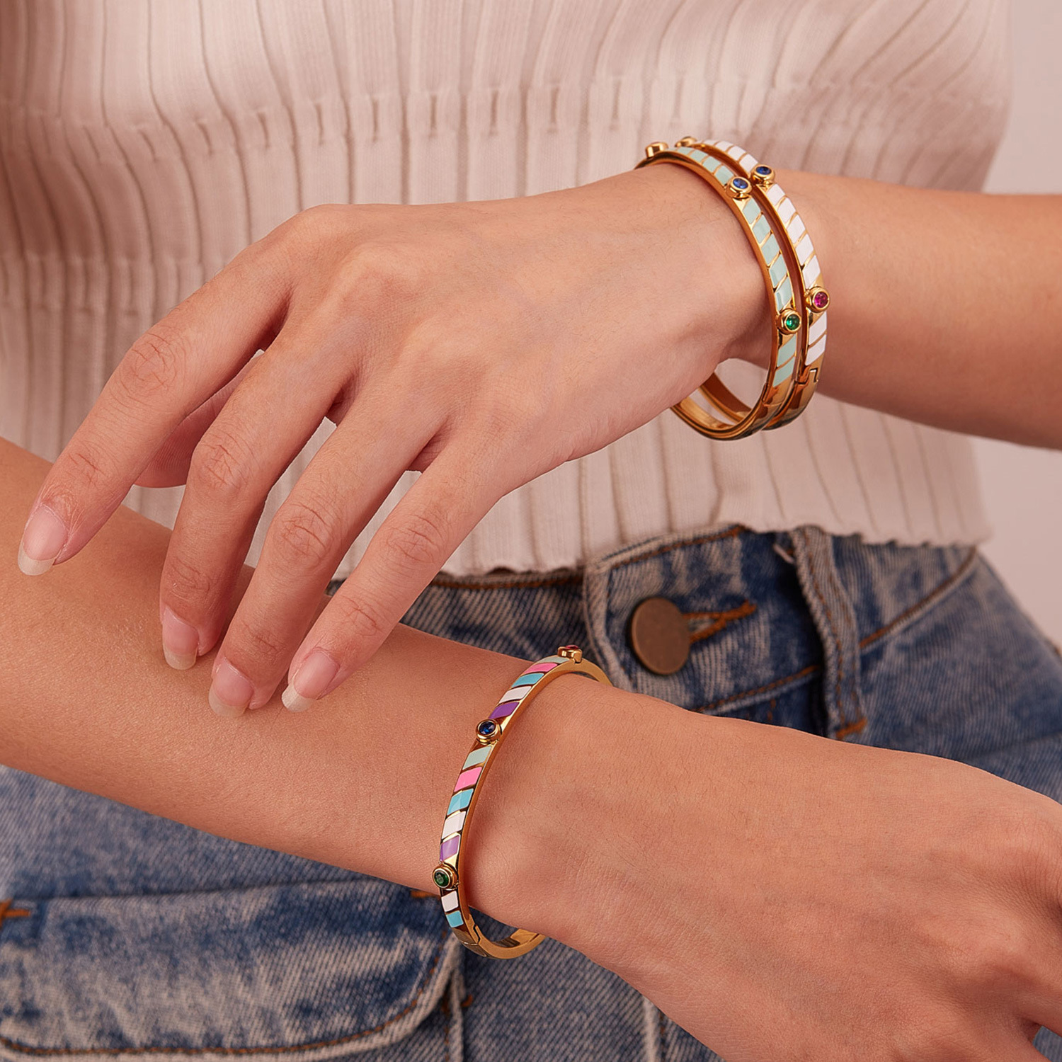 Inset Zircon Stainless Steel Bangle