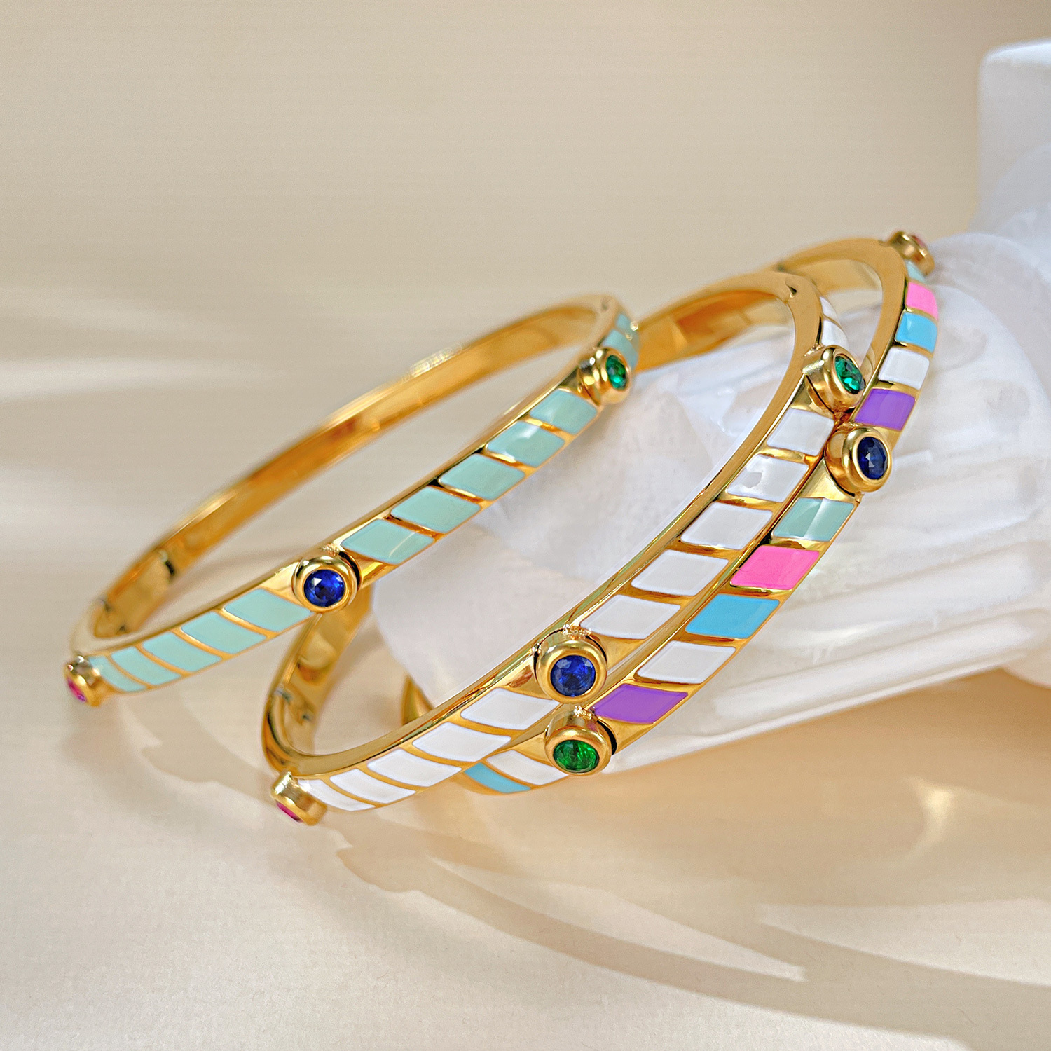 Enamel, Zircon Inlaid, Stainless Steel Bangle