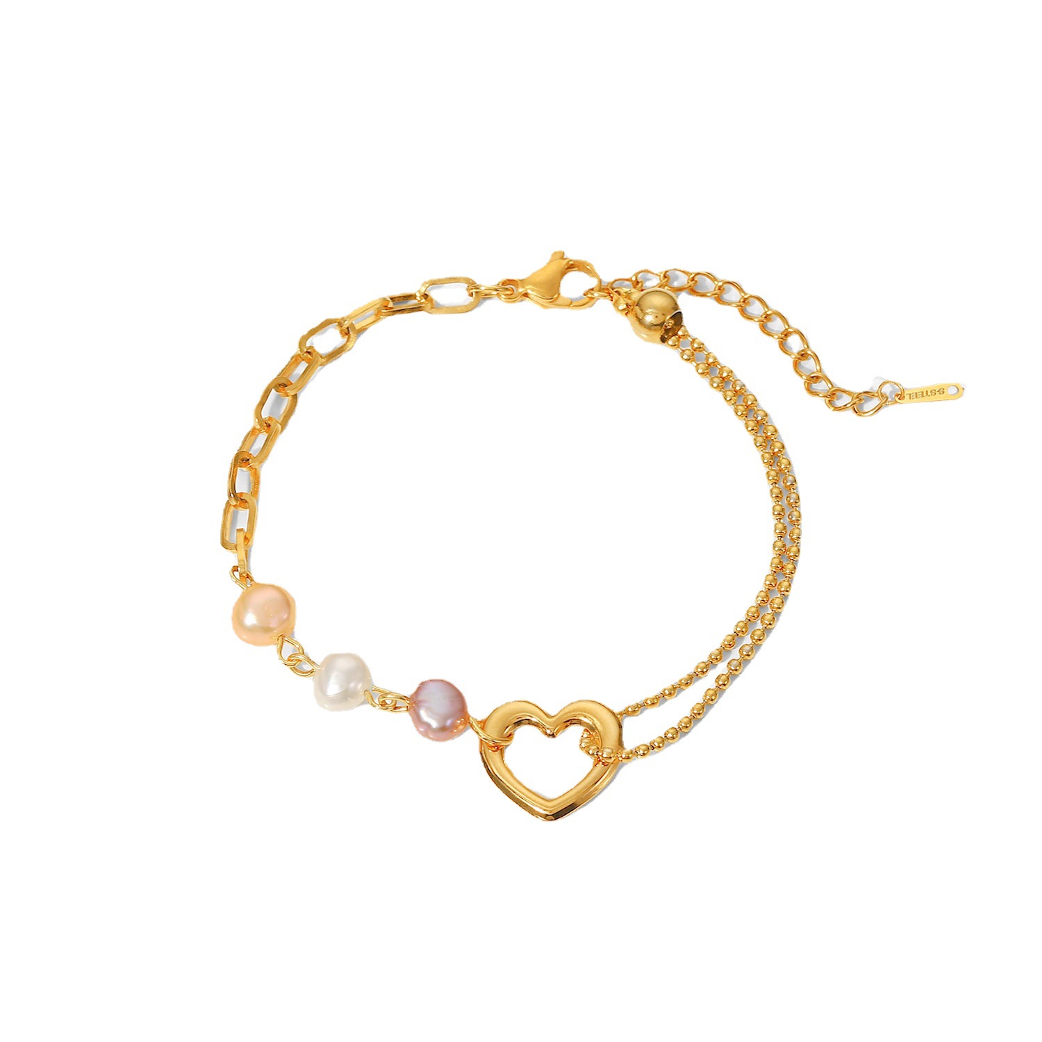 Fine Jewelry 18K Gold Plated Colored Pearl Bracelet Heart Stainless Steel Bracelet 