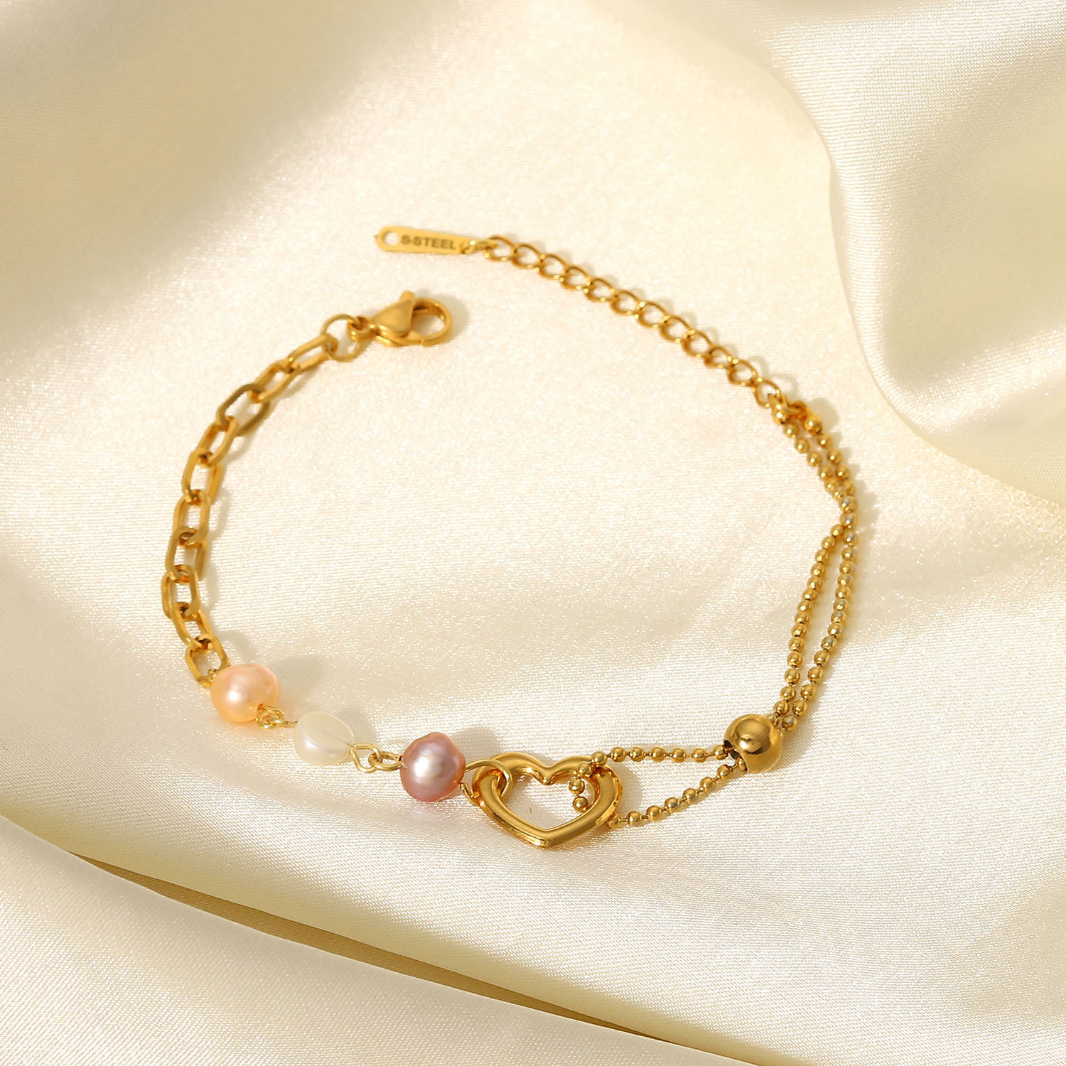 Colored Pearl Bracelet Heart Stainless Steel Bracelet 