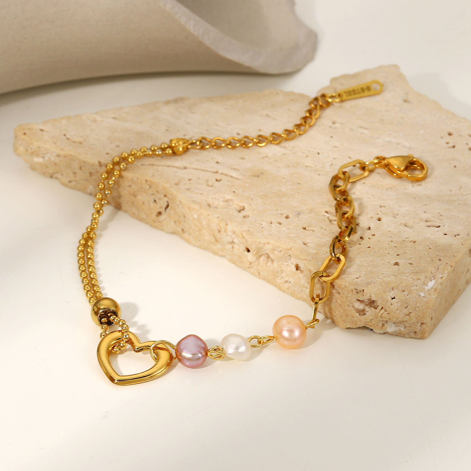 18K Gold Plated Colored Pearl Bracelet Heart Stainless Steel Bracelet 