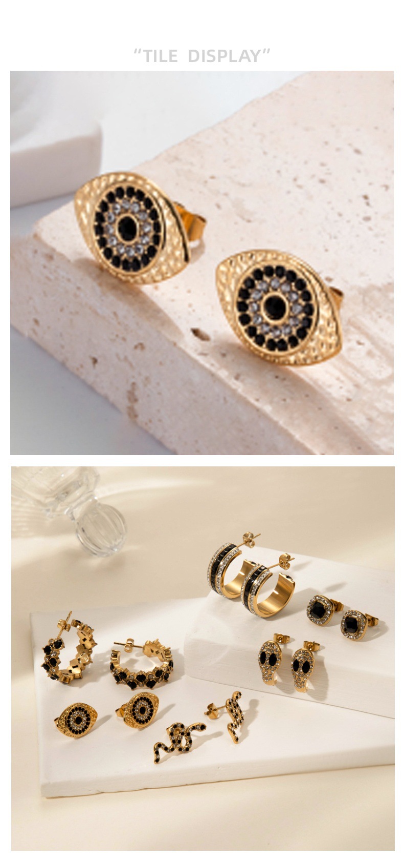 C-Shaped Snake Eye Zircon Inlaid Stainless Steel Earrings