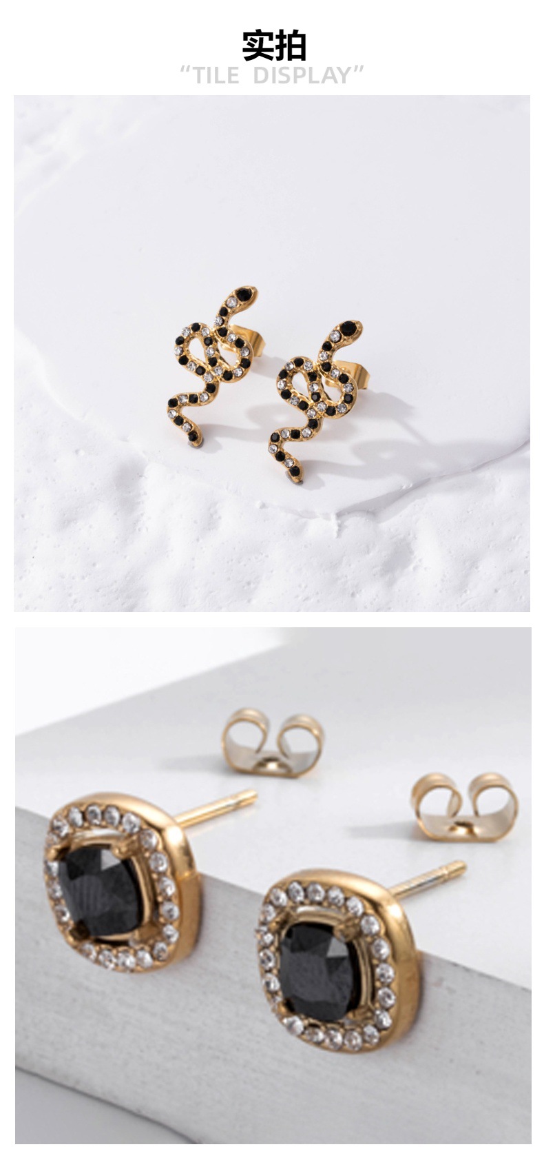 Zircon Inlaid Snake Stainless Steel Earrings