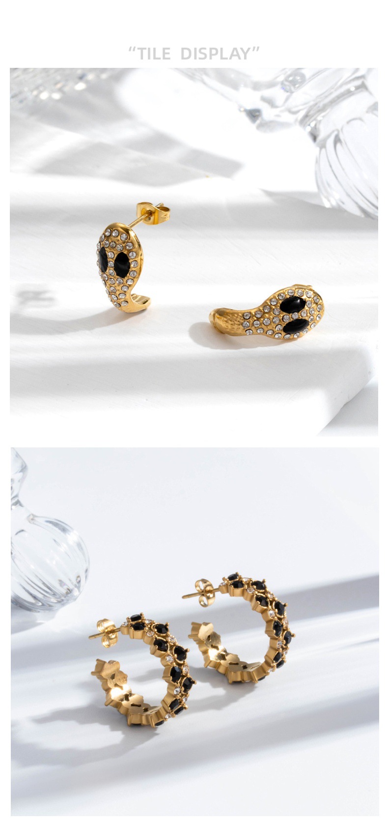 Full Diamond C-Shaped Stainless Steel Earrings