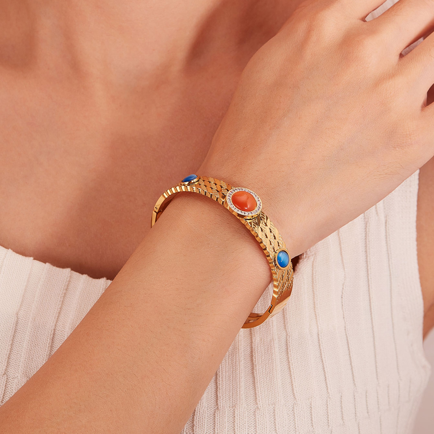 Minimalism Inlaid Color Natural Stone Stainless Steel Bangle