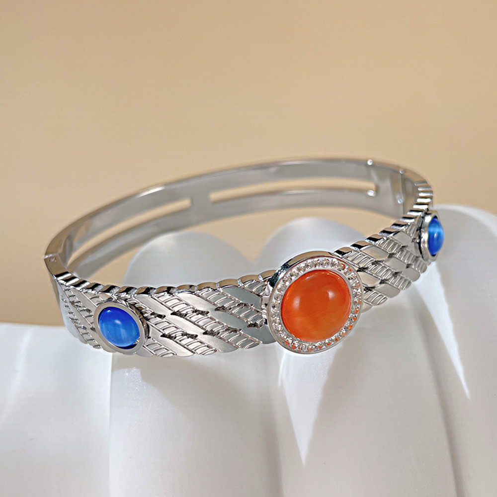 Fashion Retro Inlaid Color Natural Stone Stainless Steel Bangle