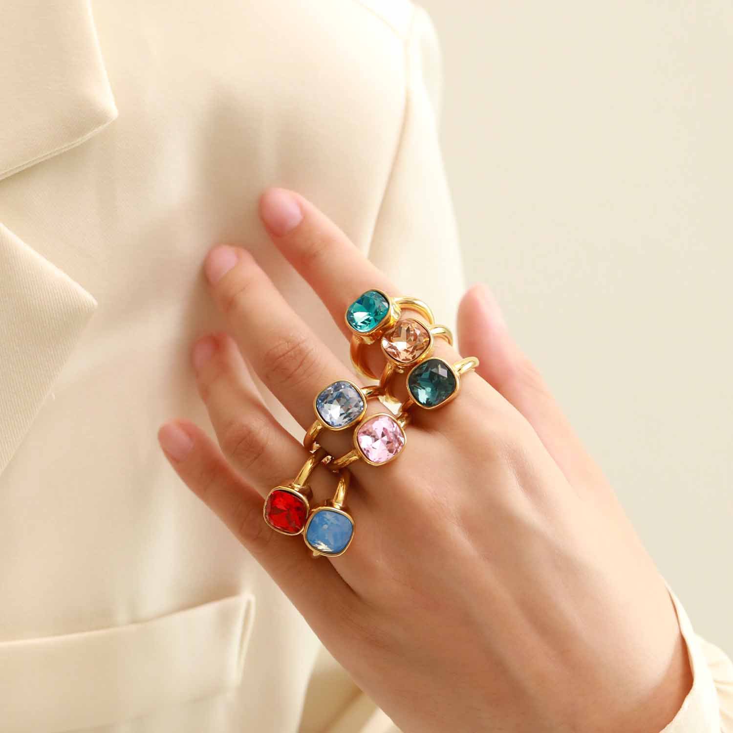 Gold Plated Multicolor Gemstone Titanium Steel Ring