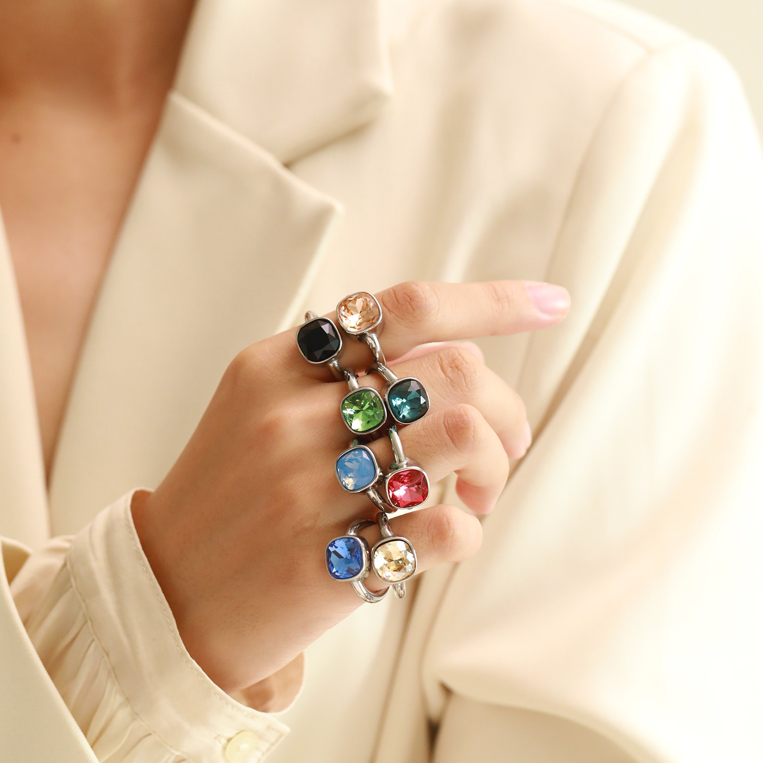 18K Gold Multicolor Gemstone Titanium Steel Ring