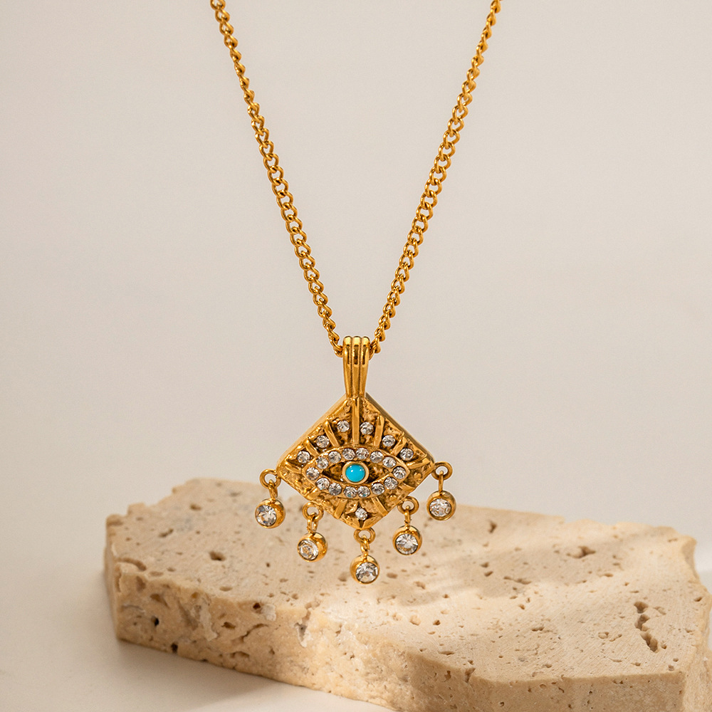 zircon inlaid, eye pendent, titanium steel necklace