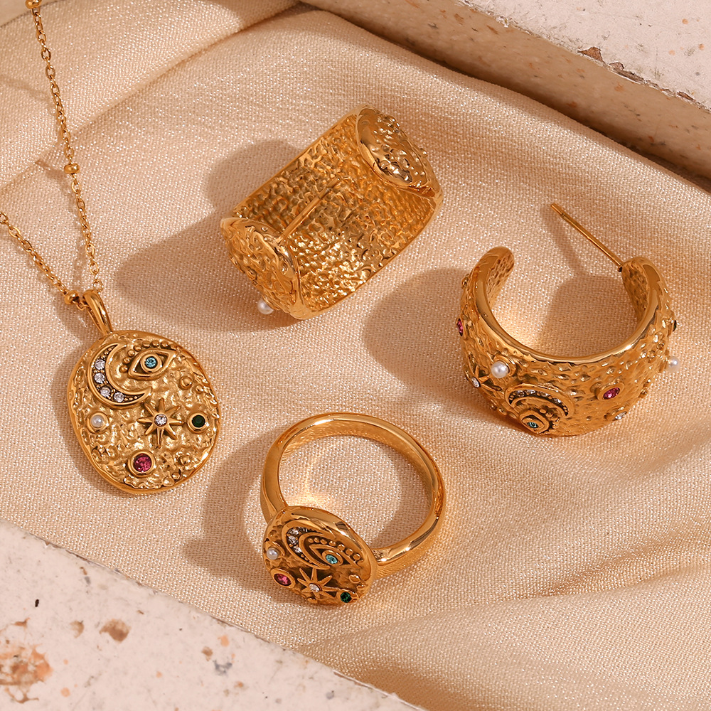French Style Stainless Steel Plated 18K Gold Micro-Inlaid Star Moon Round Necklace Ring Earring Set