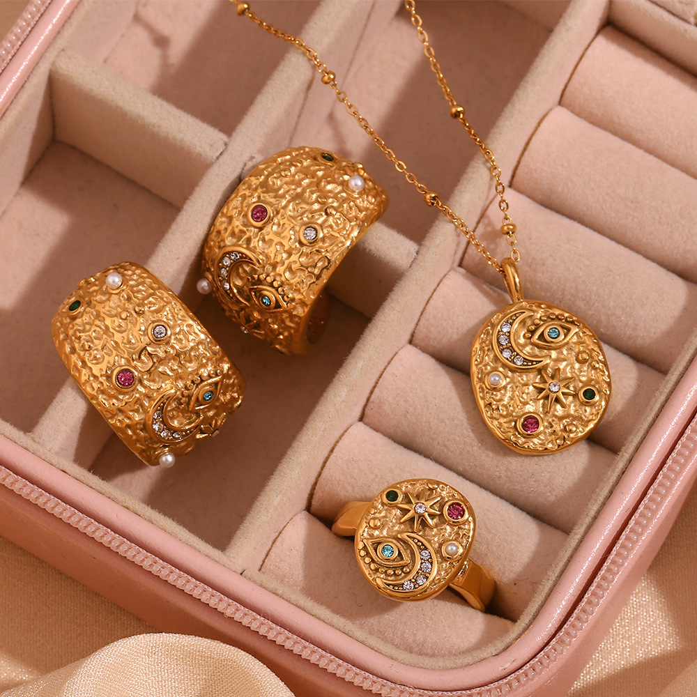 Plated 18K Gold Micro-Inlaid Star Moon Round Necklace Ring Earring Set
