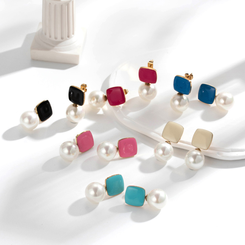French Style Pearl Geometry Stainless Steel Earrings