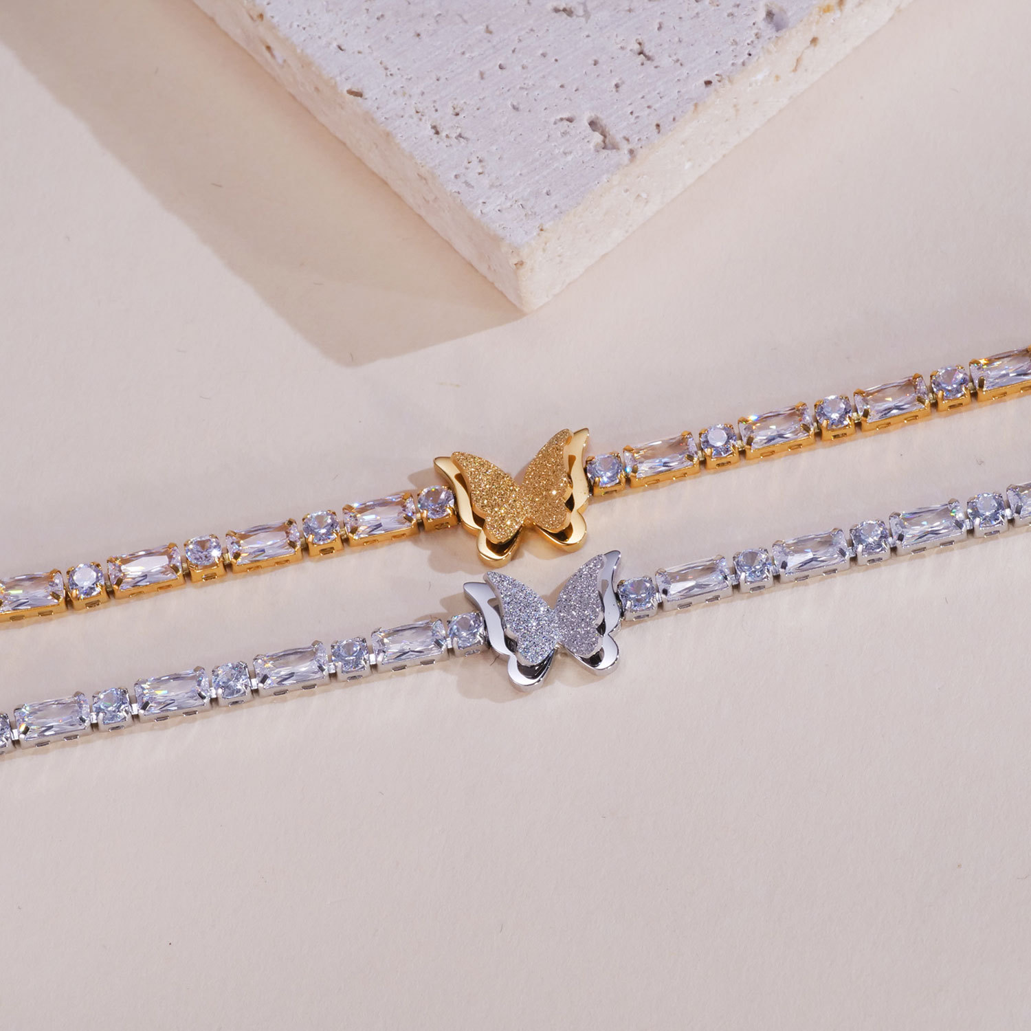 three-dimensional, frosted butterfly stainless steel bracelet