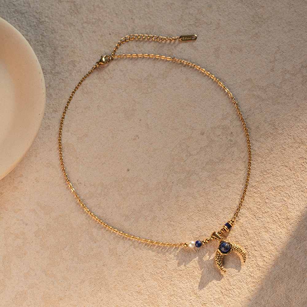 Natural Stone Inlaid, Horn Pendant, 18K Gold Plated, Stainless Steel Necklace