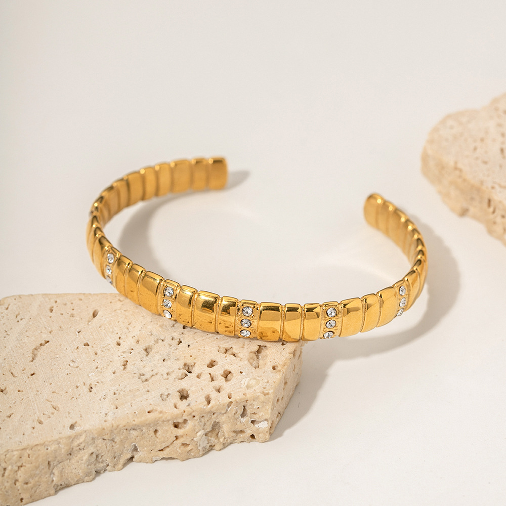 18k Gold Stainless Steel Diamond Inlaid Bangle Fine Jewelry