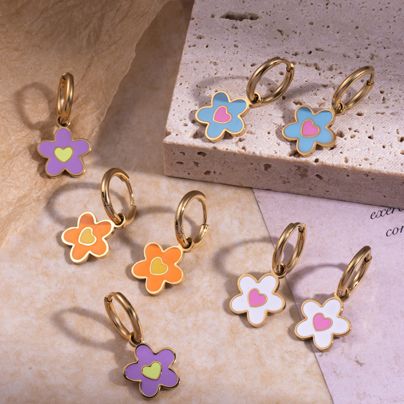 sweet flower pendent titanium steel earrings