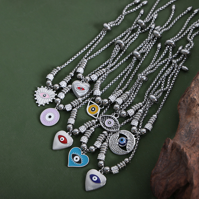  Exaggerated Enamel Heart Round Star With Eye Pendant Titanium Steel Bracelet